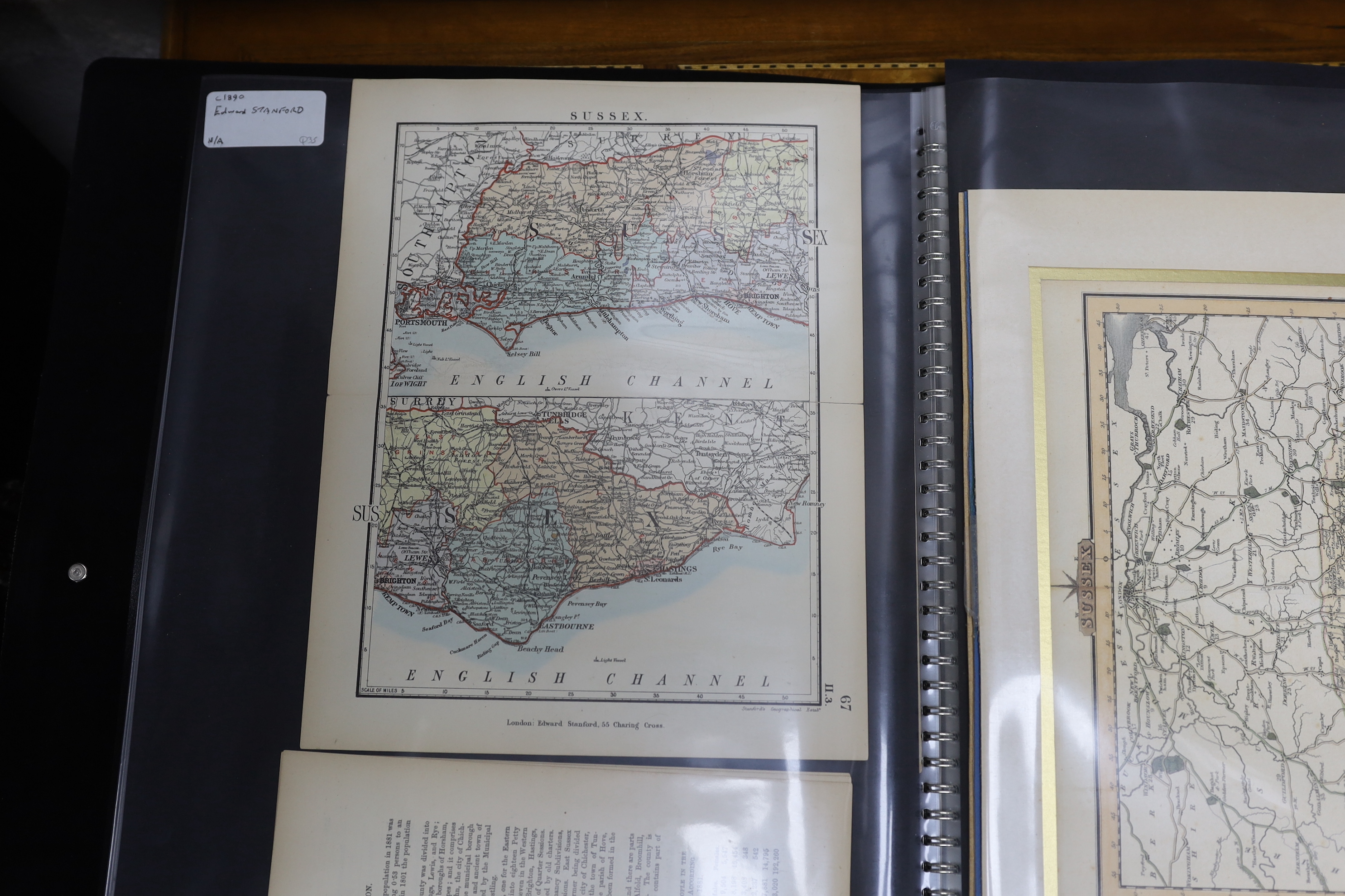 A folder of fifty-two mainly 18th and 19th century maps and charts of Sussex and the related area, including; engravings from books, charts of distances between towns, etc.